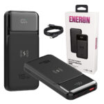 Czarny powerbank Eneron z wyświetlaczem LED i oznaczeniem 15W, kabel USB oraz pudełko produktu w tle.