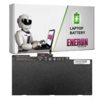 Czarna bateria laptopa Eneron CS03XL ze złączem na krawędzi, obok grafika reklamowa z robotem i laptopem.