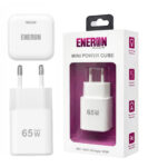 Biała ładowarka sieciowa Eneron GaN 65W z widocznym portem USB-C, obok kartonowe pudełko z opisem produktu.
