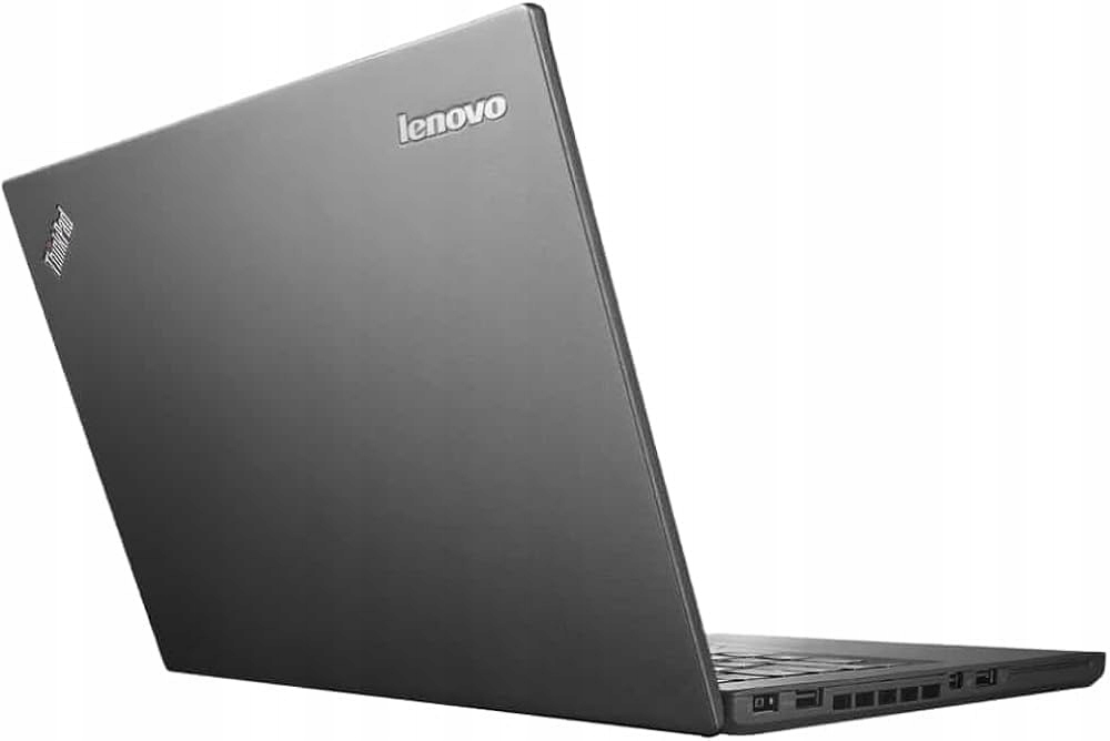Laptop Lenovo ThinkPad T450s widziany od tyłu z uniesioną klapą, z widocznym logo na obudowie.