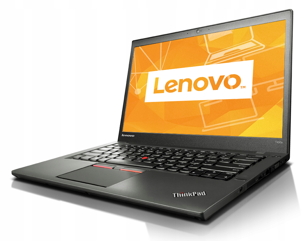 Laptop Lenovo ThinkPad T450s otwarty, widok z boku na klawiaturę i włączony ekran z logo Lenovo
