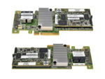Dwie karty kontrolera RAID IBM M5210 ułożone jedna nad drugą, widoczne radiatory i chipy na płytkach PCIe.
