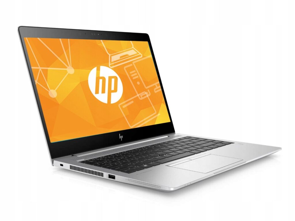 Laptop HP EliteBook 840 G6 otwarty pod kątem z boku, na ekranie pomarańczowa grafika z siecią połączeń.