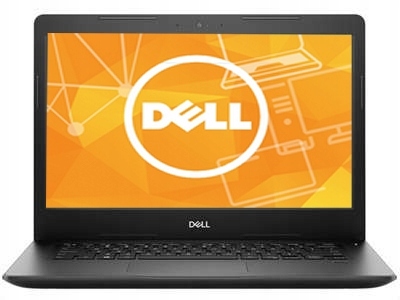 Laptop Dell Latitude otwarty od przodu, na ekranie logo Dell na pomarańczowym tle, widoczna czarna klawiatura.