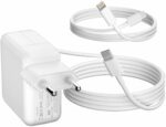 Biała ładowarka sieciowa z dwoma portami USB-C oraz zwinięty biały kabel USB-C obok, oba elementy nowe.