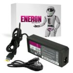 Czarny zasilacz Eneron z końcówką USB-C do laptopa Lenovo, kabel zasilający i pudełko z grafiką robota w tle.