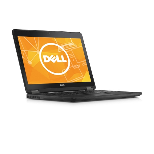 Laptop Dell E7250 otwarty pod kątem z boku, na ekranie widoczne logo Dell na pomarańczowym tle.