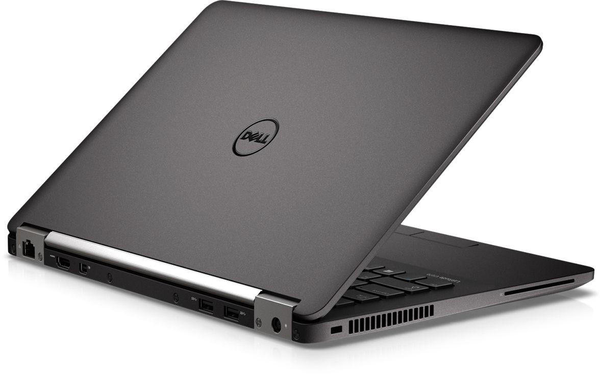 Laptop Dell uchylony pod kątem od tyłu, widoczna klapa z logo Dell i fragment klawiatury z boku.
