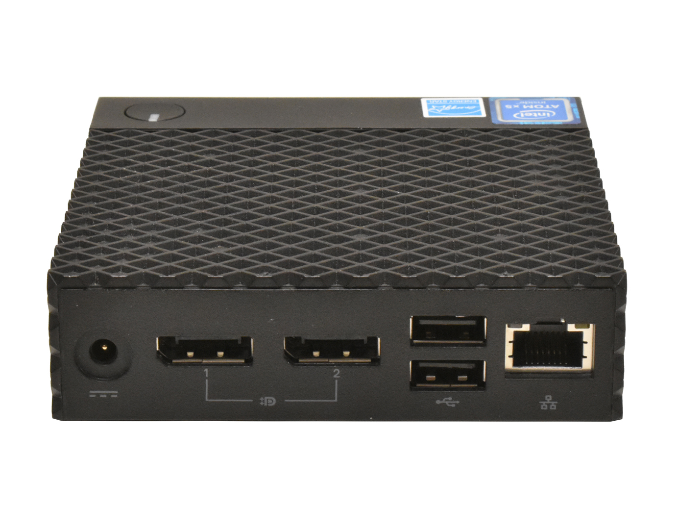 Tylny panel thin clienta Dell Wyse 3040 z gniazdem zasilania, dwoma portami DisplayPort, USB i RJ45.