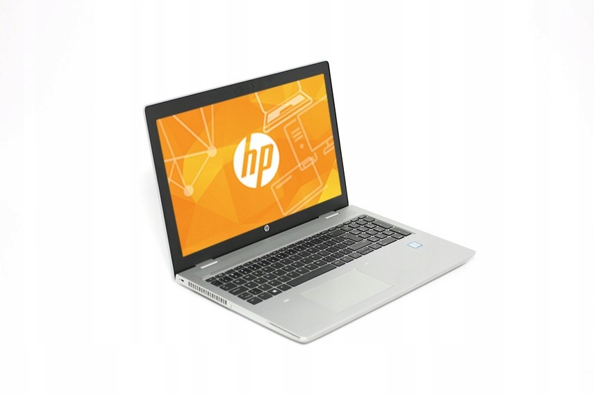 Laptop HP ProBook otwarty pod kątem z boku, na ekranie pomarańczowa grafika z logo HP, widoczna klawiatura.