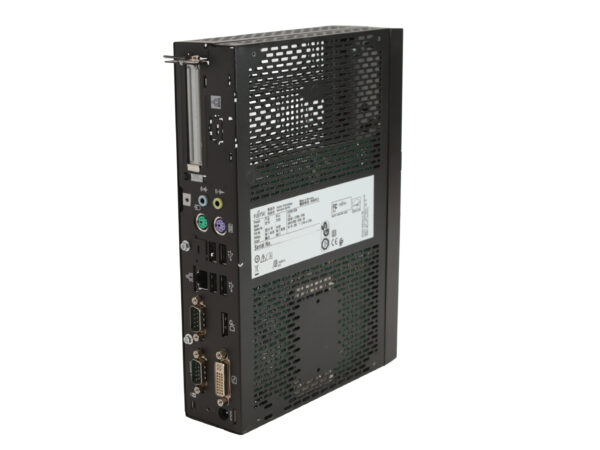 Panel złączy Fujitsu Futro S930 z portami DVI, USB i audio oraz tabliczką znamionową