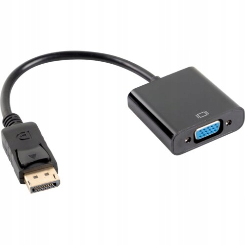Adapter z wtyczką DisplayPort z jednej strony i gniazdem VGA z drugiej, połączone krótkim czarnym kablem.