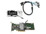 Zestaw kontrolera RAID: karta PCIe z radiatorem, moduł baterii podtrzymującej oraz rozgałęziony kabel SAS/SATA.