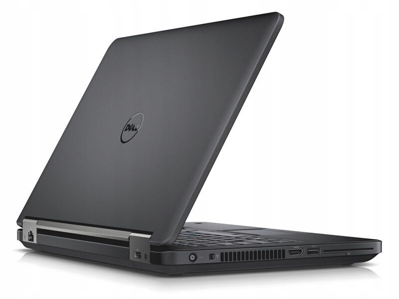 Laptop Dell Latitude widziany od tyłu pod kątem, uchylona pokrywa matrycy i boczne otwory wentylacyjne.