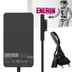 Zasilacz Eneron 65W z płaską końcówką do Surface, obok kabel zasilający i grafika reklamowa producenta.