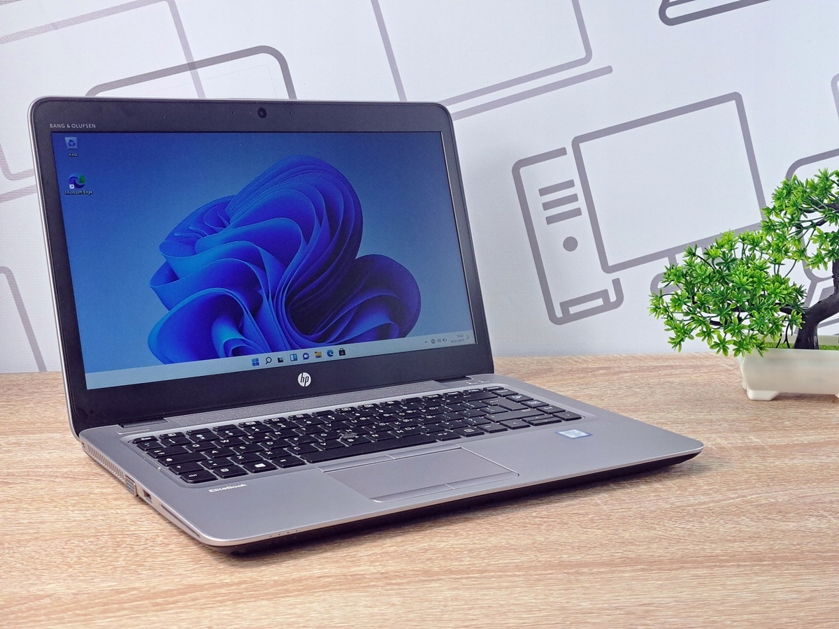 Otwarty laptop HP EliteBook 840 G3 pod kątem z boku, ekran wyświetla logo Windows 11, obok stoi mała roślina.