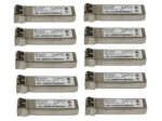 Dziesięć identycznych modułów SFP+ Brocade w metalowych obudowach, ułożonych w dwóch równych kolumnach, każdy z naklejką z opisem.