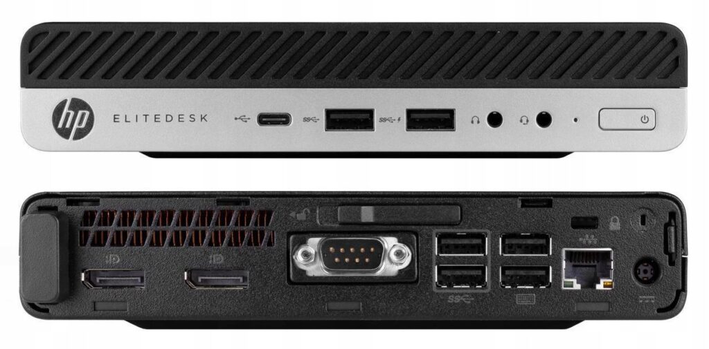 Dwa ujęcia komputera HP EliteDesk Mini: przód z portami USB i słuchawkowym oraz tył z DisplayPort, portem seryjnym i LAN.