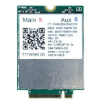 Zbliżenie na moduł modemu LTE HP LT4120 w formacie karty M.2 z metalową osłoną i złotymi złączami na krawędzi.