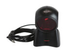 Stacjonarny skaner Honeywell Orbit z czarną obudową, czerwoną szybką skanera i zwiniętym kablem USB.