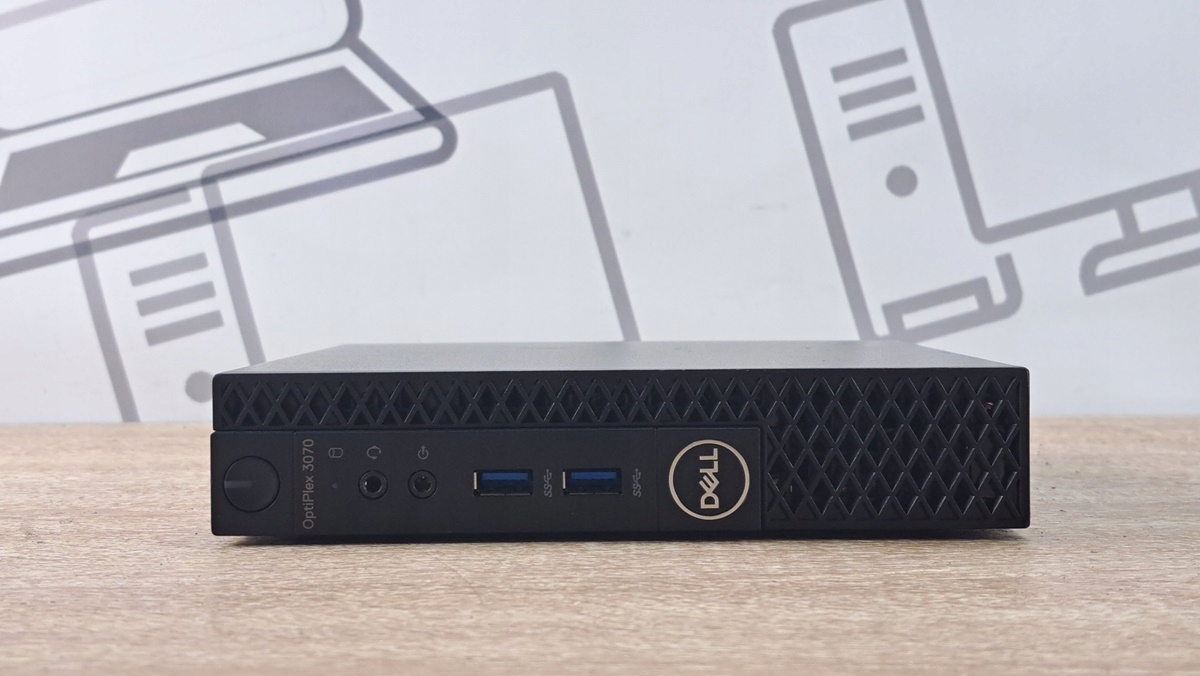 Przedni panel komputera Dell Optiplex 3070 Tiny z widocznymi portami USB i przyciskiem zasilania, obudowa w dobrym stanie.