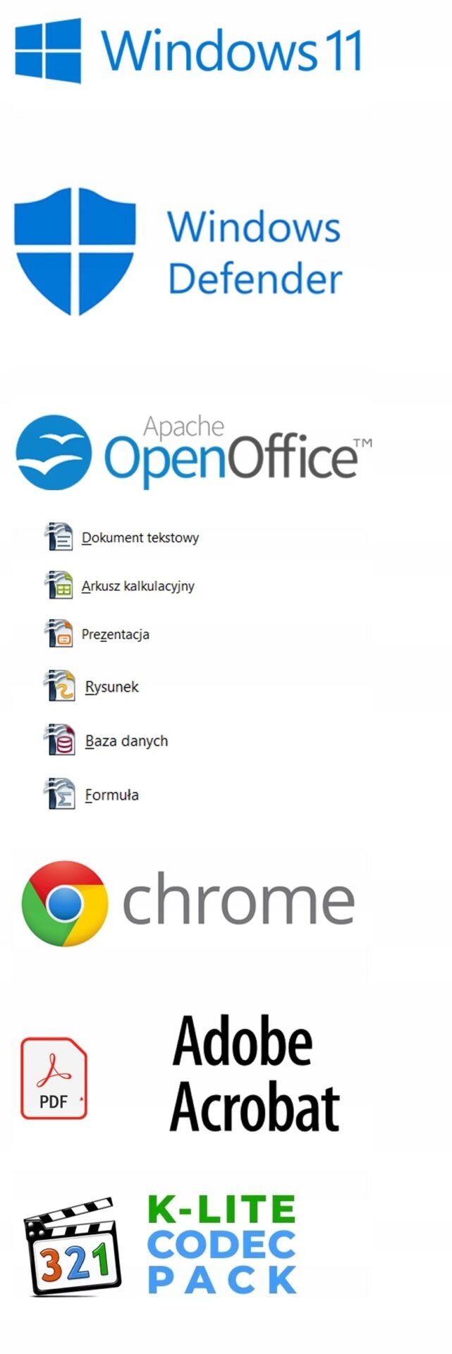 Zestaw ikon logo preinstalowanego oprogramowania: Windows 11, Windows Defender, OpenOffice, Chrome, Adobe Acrobat i K-Lite Codec Pack.