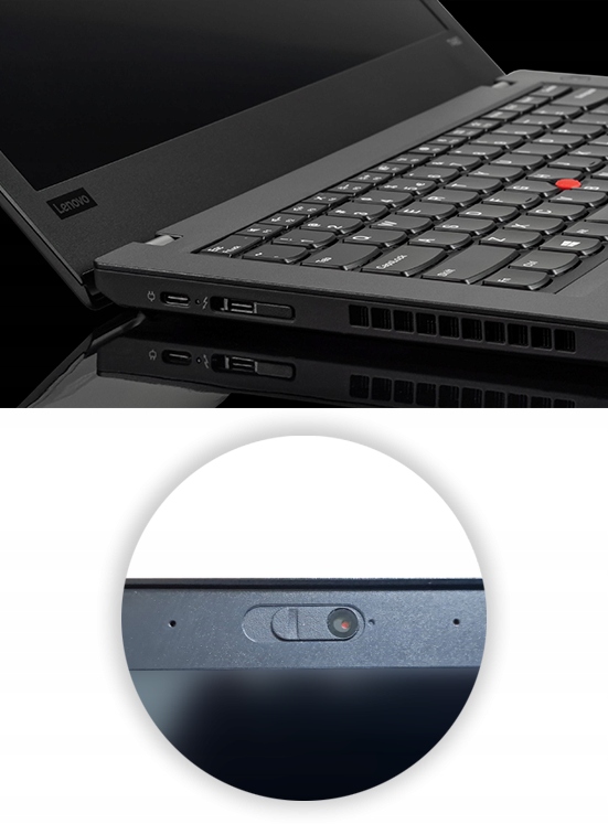 Zbliżenie na klawiaturę ThinkPada z boku oraz porty USB, poniżej powiększona nakładka zaślepiająca kamerkę w ekranie