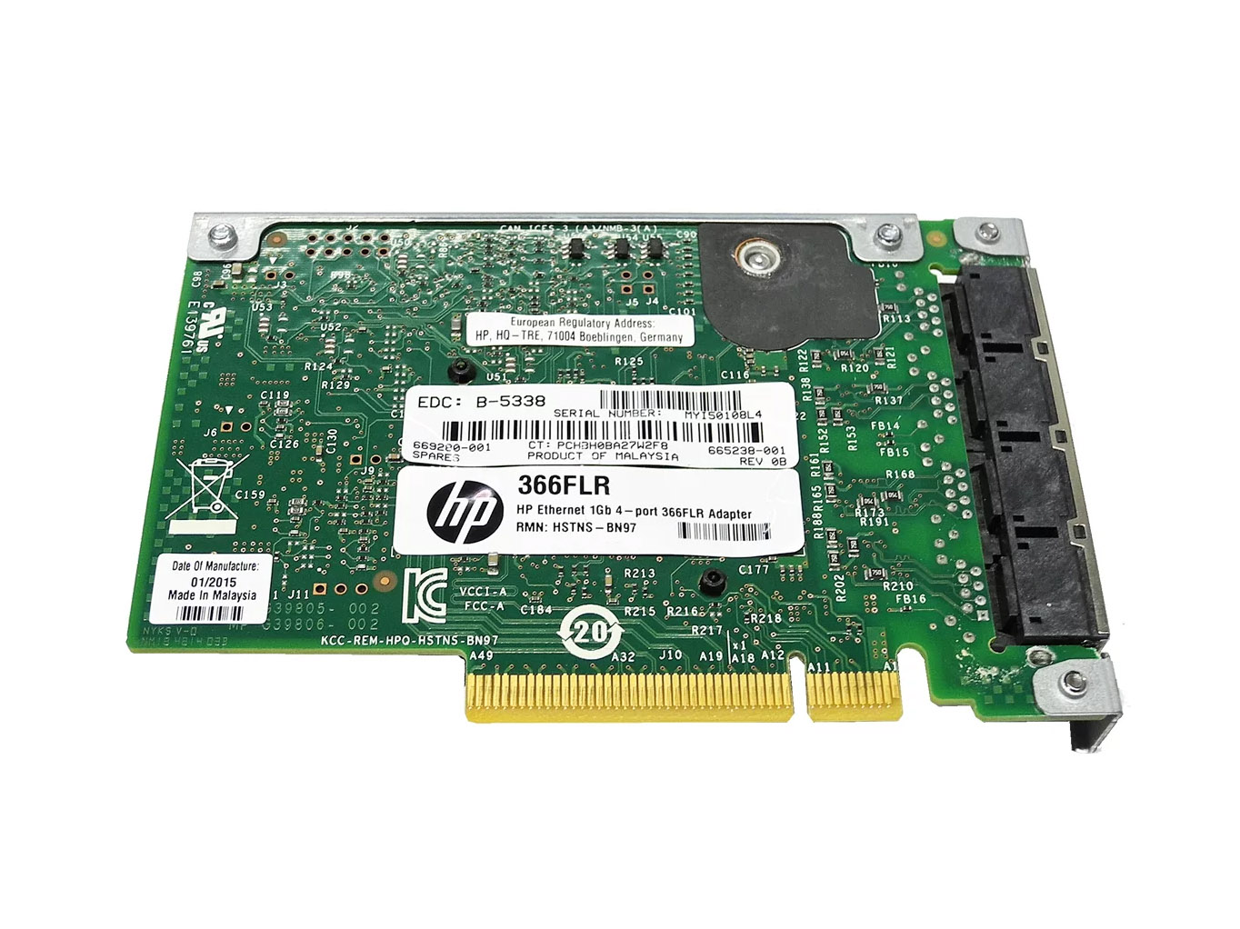 Karta sieciowa HP 366FLR na zielonym laminacie z czterema portami RJ45 i złotym złączem PCIe od boku.