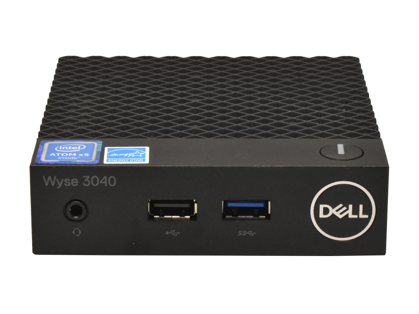 Przód thin clienta Dell Wyse 3040 z perforowaną obudową, dwoma portami USB, gniazdem słuchawkowym i przyciskiem zasilania.