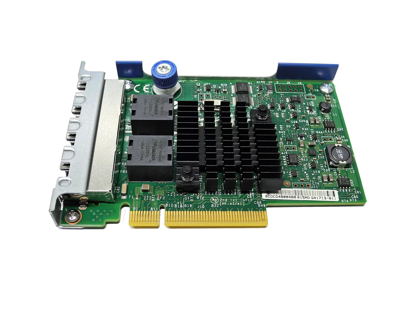 Karta sieciowa HP 366FLR z czterema portami RJ45, widoczna zielona płytka PCIe z radiatorem i niebieskim uchwytem.
