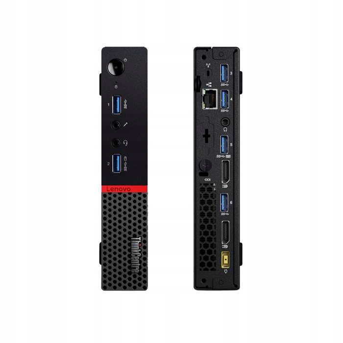 Dwie obudowy Lenovo ThinkCentre Tiny obok siebie – widok przedniego panelu z portami USB i tylnego ze złączami RJ45, DisplayPort i zasilaniem.