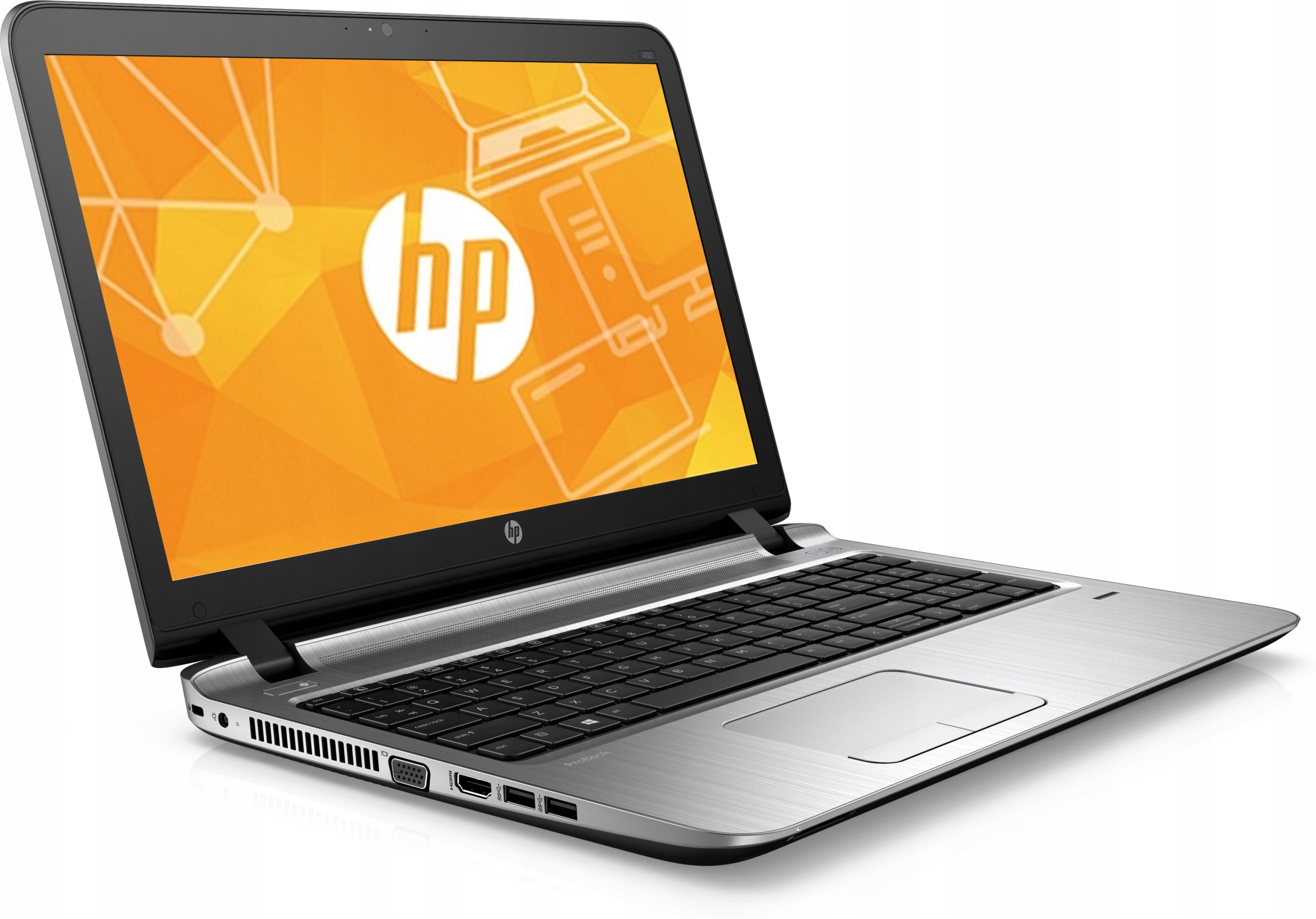 Laptop HP ProBook 450 G3 otwarty pod kątem z boku, ekran włączony z grafiką sieci powiązań, widoczna klawiatura i porty boczne