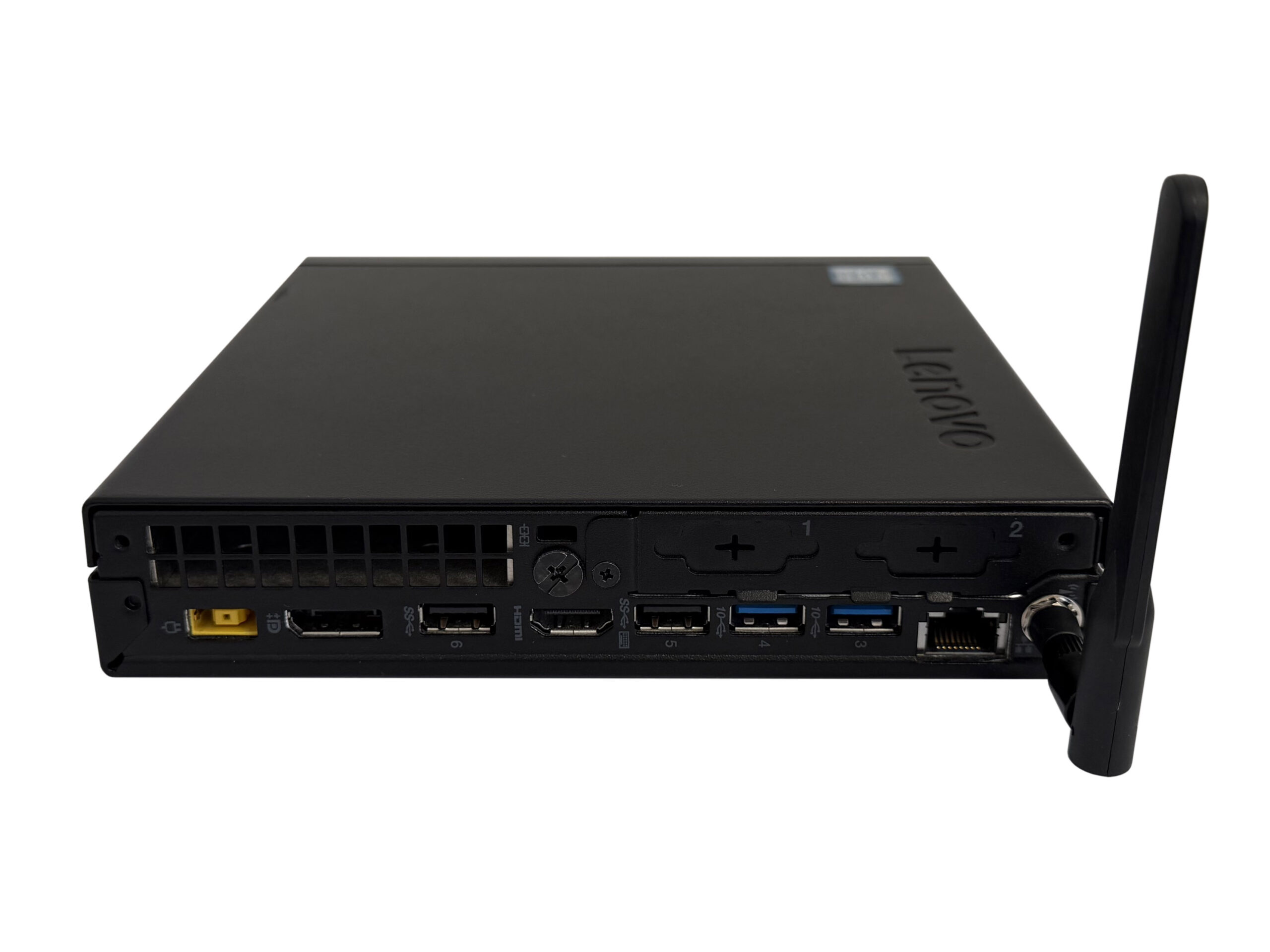 Tylny panel komputera Lenovo Tiny z portami DisplayPort, USB i gniazdem zasilania, z boku widoczna antena WiFi.