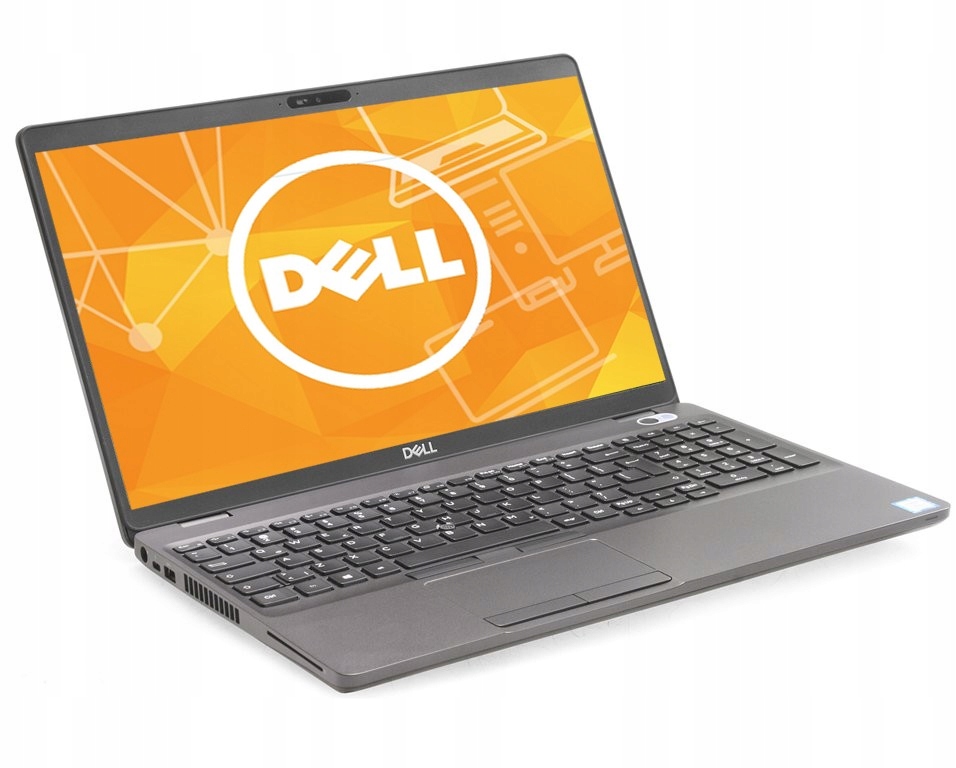 Laptop Dell Latitude otwarty pod niewielkim kątem, na ekranie logo Dell, widoczna klawiatura i touchpad.