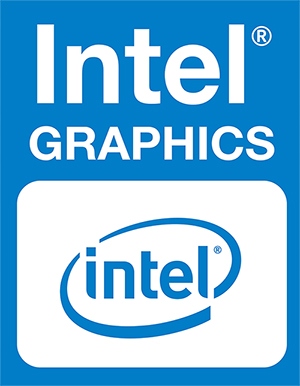 Naklejka z logo Intel Graphics, informująca o zintegrowanej karcie graficznej Intel w komputerze.