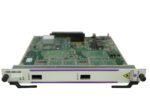Moduł Alcatel-Lucent OS9-XNI-U2E z widoczną odkrytą płytą elektroniczną i dwoma slotami XFP na fioletowym panelu przednim.