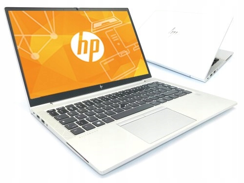 Dwa laptopy HP EliteBook otwarte pod kątem, z przodu ekran z grafiką HP, w tle drugi widoczny od tyłu z klapą.