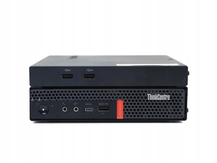 Przedni panel Lenovo ThinkCentre Tiny z portami USB, słuchawkowym i pomarańczowym przyciskiem zasilania, obudowa czarna.