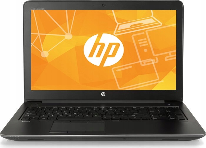 Otwarty laptop HP ZBook 15 G3 pod niewielkim kątem z przodu, ekran włączony z pomarańczową grafiką na tle i widoczną klawiaturą.