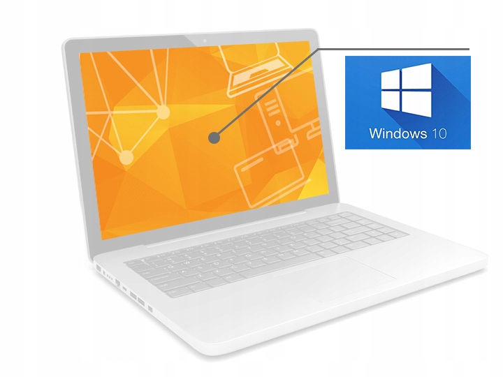 Biały laptop Dell otwarty pod kątem z przodu, na ekranie grafika geometryczna i logo Windows 10 w rogu.