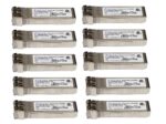 Dziesięć modułów SFP+ Finisar ułożonych w dwóch rzędach, srebrne metalowe obudowy z portami LC i naklejkami z opisem.