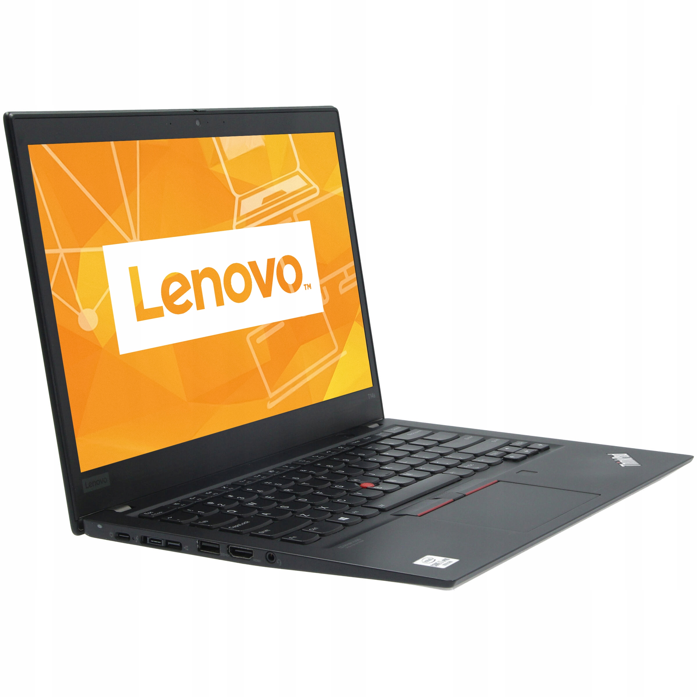 Laptop Lenovo ThinkPad otwarty pod kątem z boku, na ekranie logo Lenovo na pomarańczowym tle, widoczna klawiatura z touchpointem.