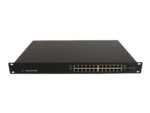 Switch Ubiquiti EdgeSwitch widziany z przodu pod kątem, z rzędem 24 portów RJ45 i uszami montażowymi do szafy rack.