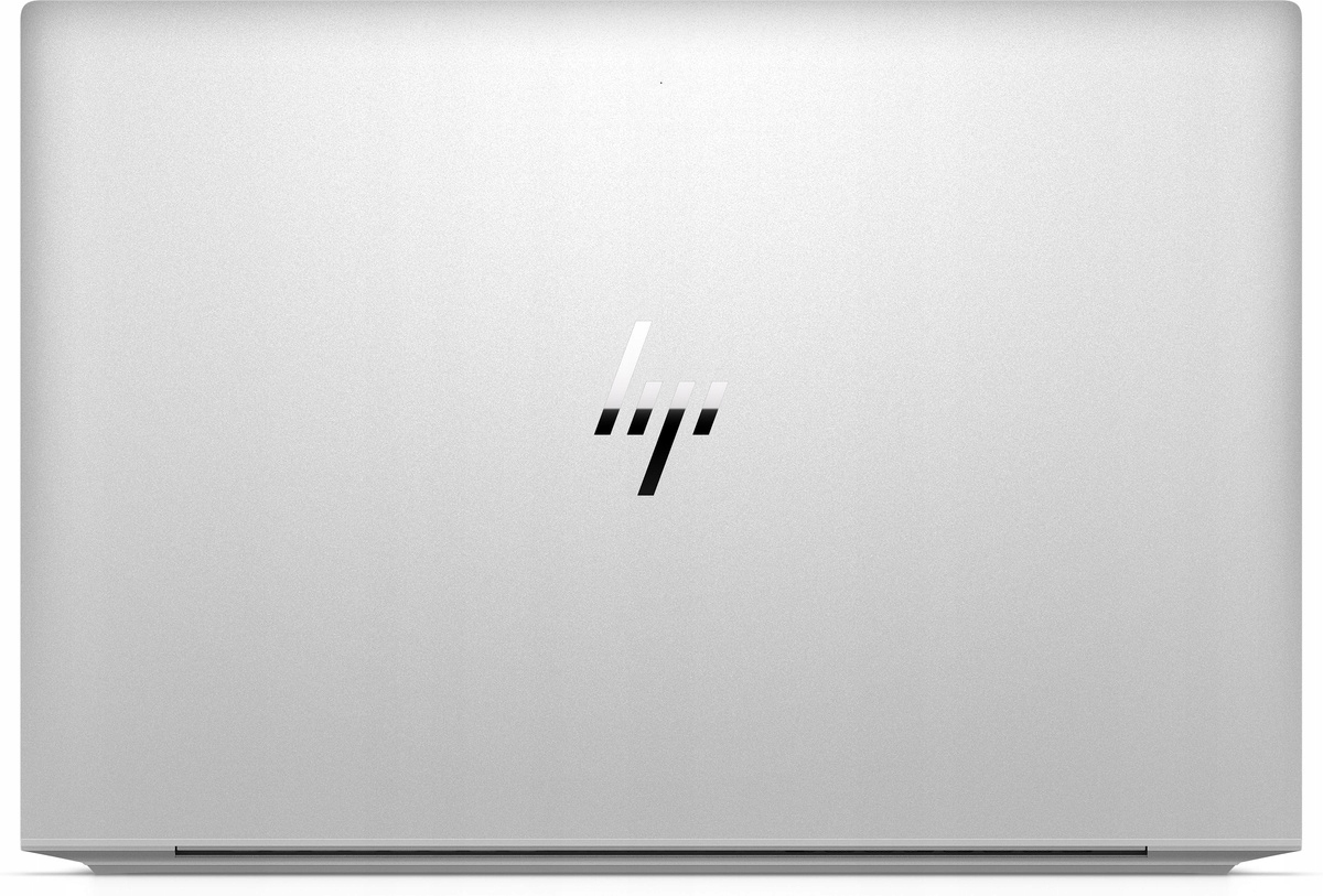 Zamknięta klapa laptopa HP w kolorze srebrnym z widocznym logo HP na środku, ujęcie od góry.