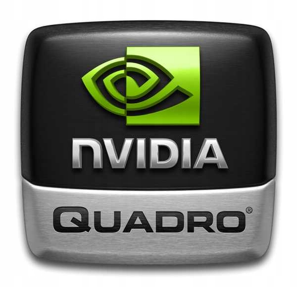 Logo Nvidia Quadro na czarno-srebrnej plakietce z zielonym symbolem oka.