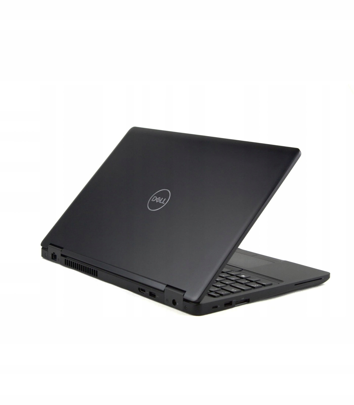Laptop Dell Latitude widziany z tyłu pod kątem, uchylona klapa z logo Dell, widoczne porty boczne.