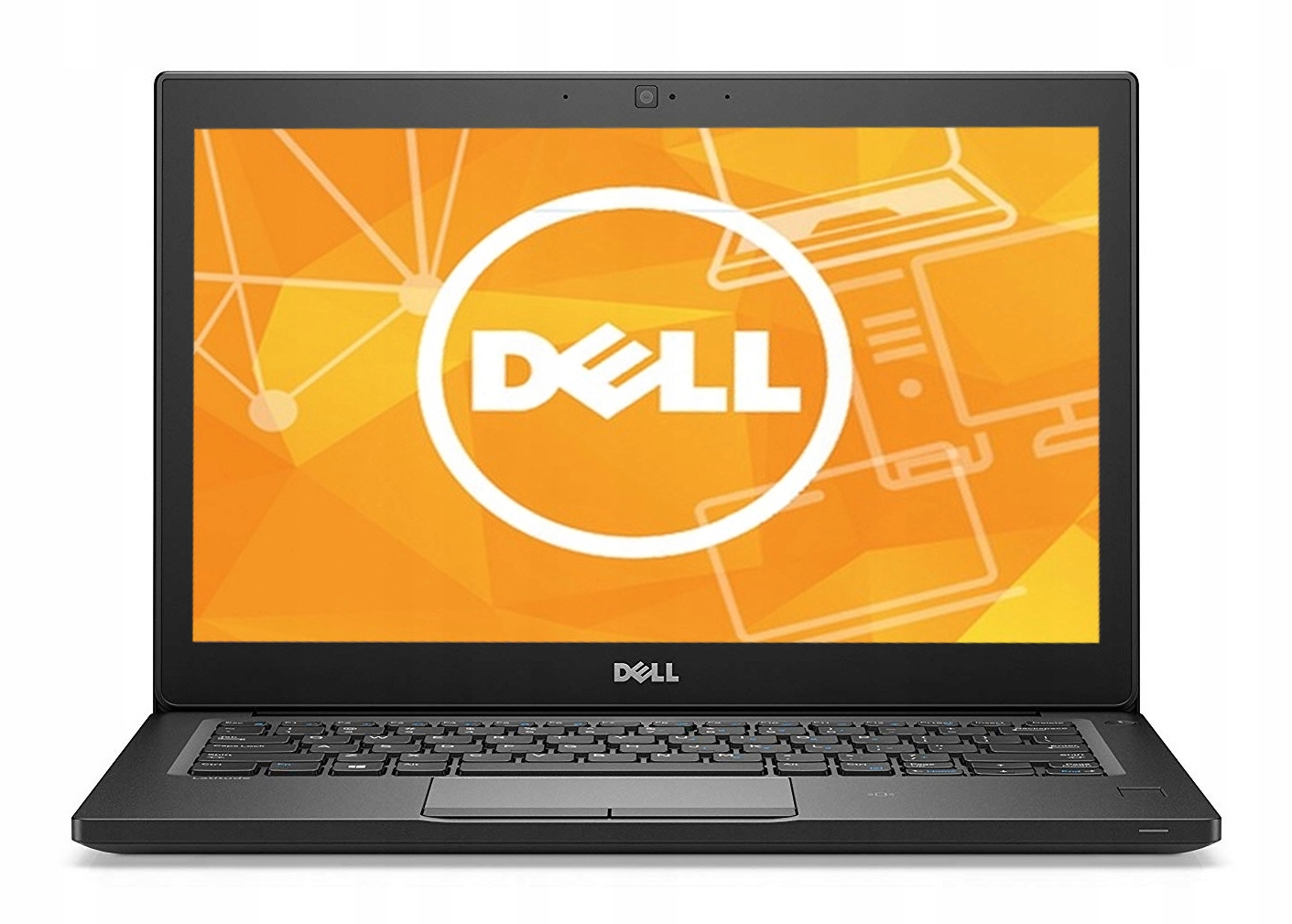 Otwarty laptop Dell Latitude 7280 pod kątem z boku, na ekranie pomarańczowa grafika z logo Dell.