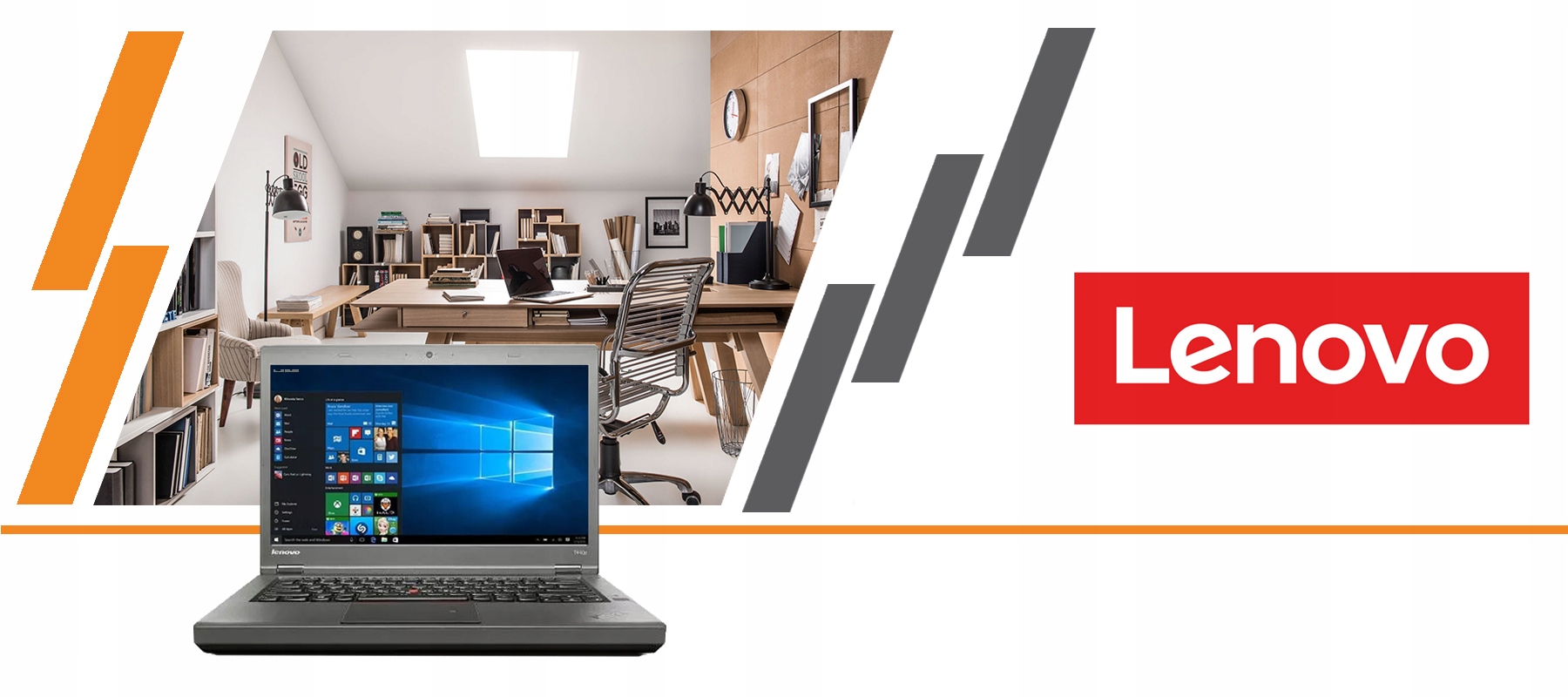 Baner z laptopem Lenovo ThinkPad T480 otwartym pod kątem, w tle zdjęcie biurka, po prawej logo Lenovo