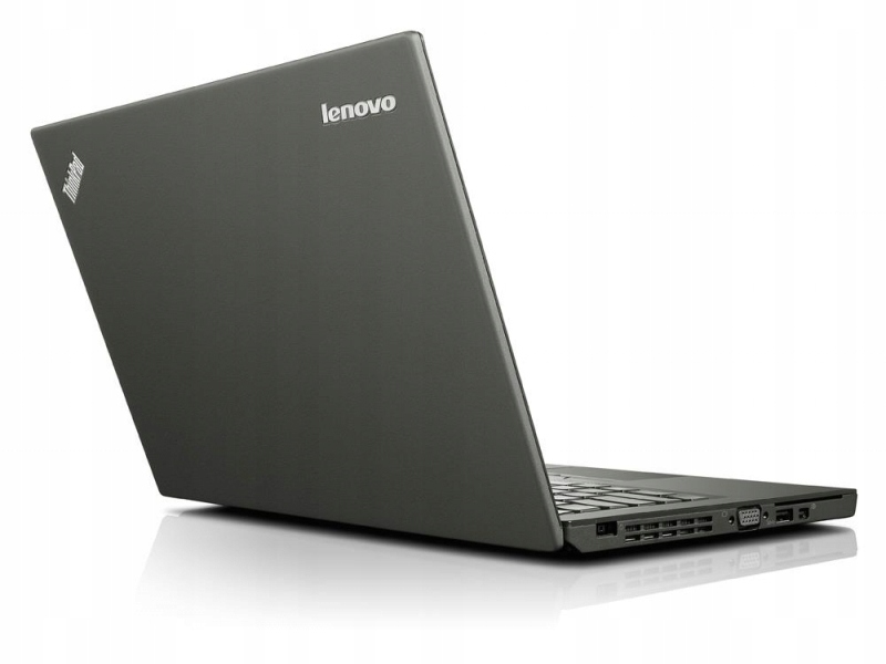 Otwarty laptop Lenovo ThinkPad X250 od tyłu pod kątem, widoczna matowa obudowa i logo Lenovo na klapie.