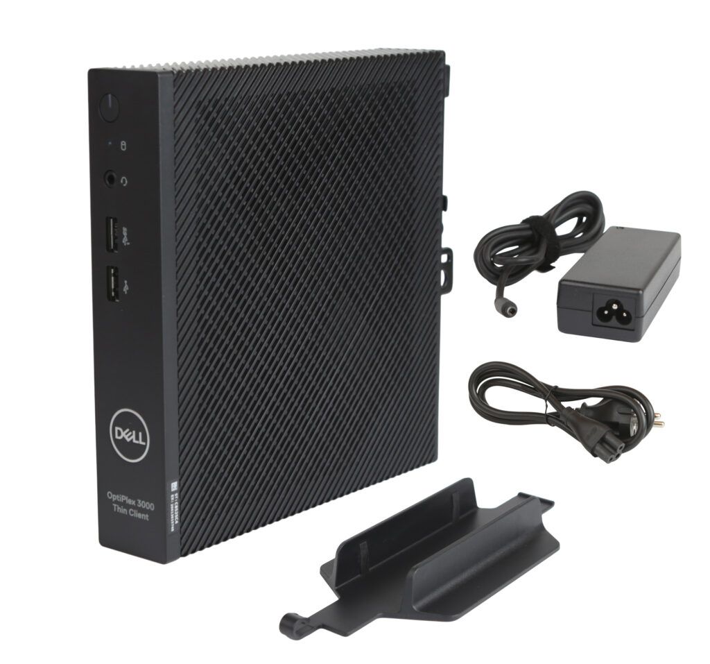 Mini komputer Dell OptiPlex 3000 z perforowaną obudową, obok zasilacz, kabel zasilający i podstawka montażowa.